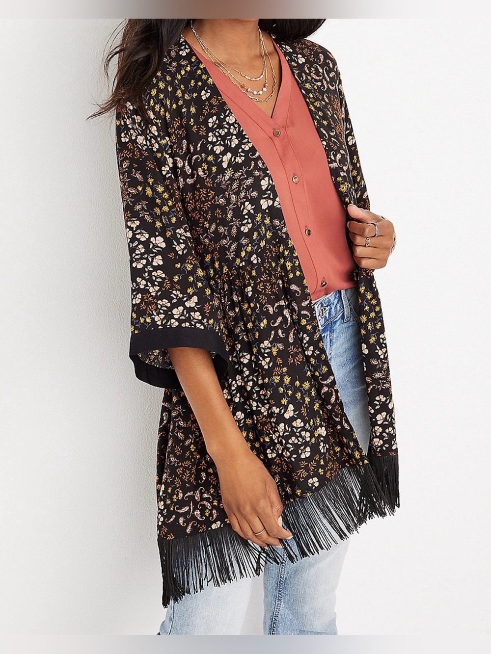 Maurices XXL Black Muted Floral Fringe Kimono 3/4 Sleeves